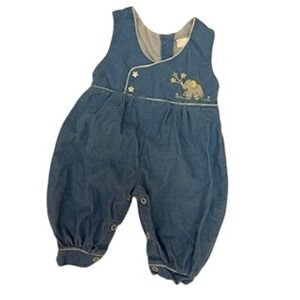 Vintage Baby Romper Blue Corduroy Elephant Embroidery Sleeveless Snap Bottom 3 m